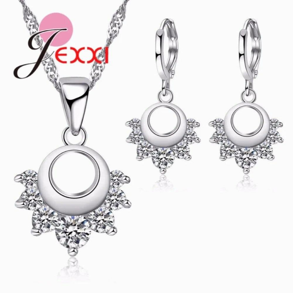 925 Sterling Silver Bridal Jewelry Cubic Zircon CZ Sun Flower Jewelry Sets For Women Earrings-Pendant-Necklace