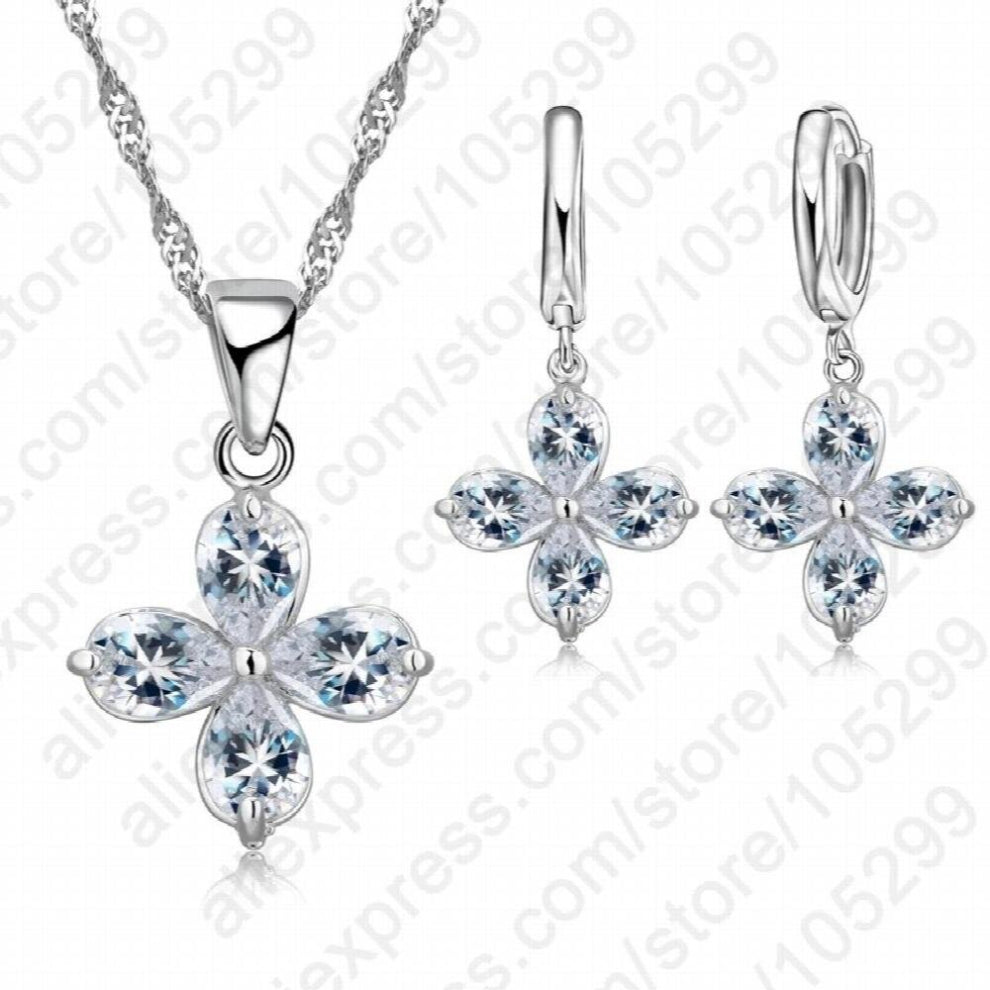 Flower Petal Pendant 925 Sterling Silver Jewelry Clear Cubic Zircon Necklace-Earring For Women Wedding Bijoux Set Gift