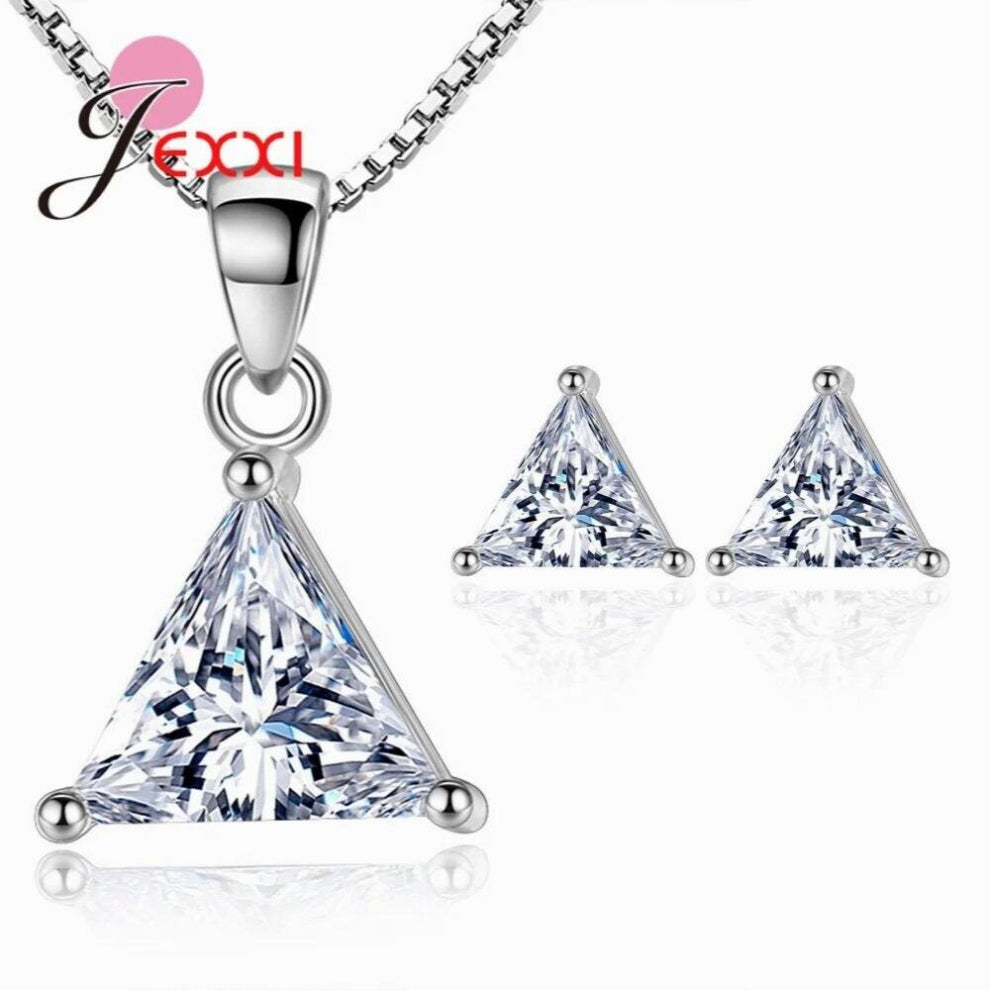 Latest Women 925 Sterling Silver Geometric Jewelry Sets Fast AAAA Cubic Zirconia Pendant Necklace-Earrings
