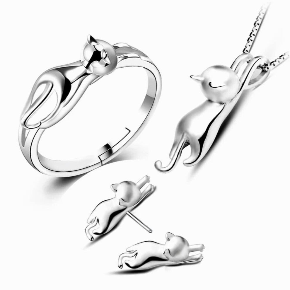 Personality OL Woman Girl Silver Cat 925 Sterling Silver Stud Earrings+Ring+Necklace Jewelry Set SE22