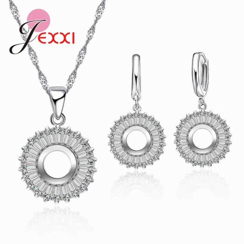 Full Brilliant Zircons Round Shape Hoop Necklace+Earrings Sets Women Girls Wedding Parties 925 Sterling Silver Bijoux