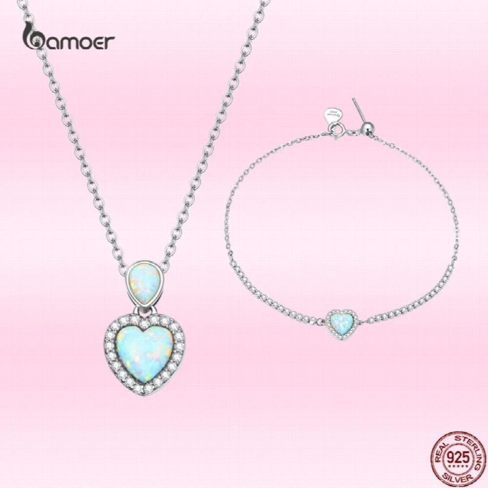 Real 925 Sterling Silver Heart Shaped Opal Pendant Necklace&Bracelet for Women Romantic Jewelry Gift Sets