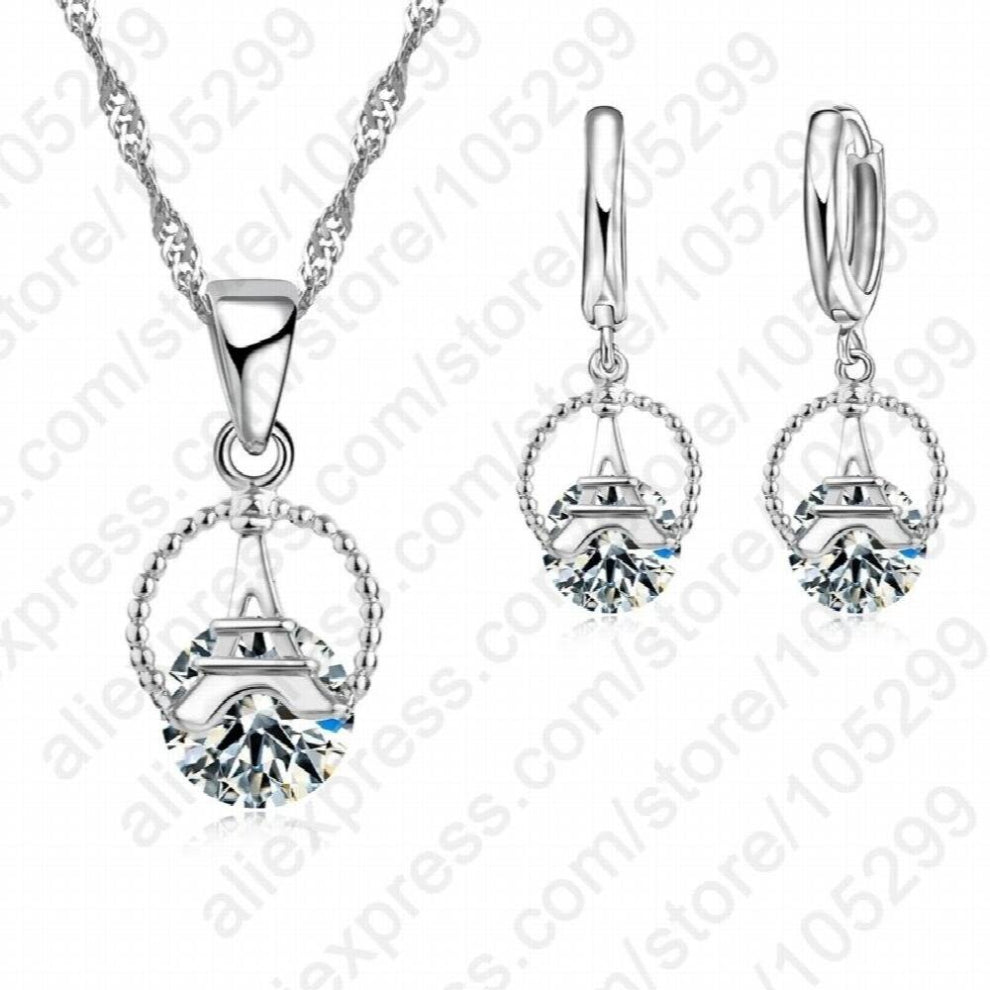 Female Shinny CZ Necklace-Earrings Set 925 Sterling Silver Tower Pendant Jewely Sets Party