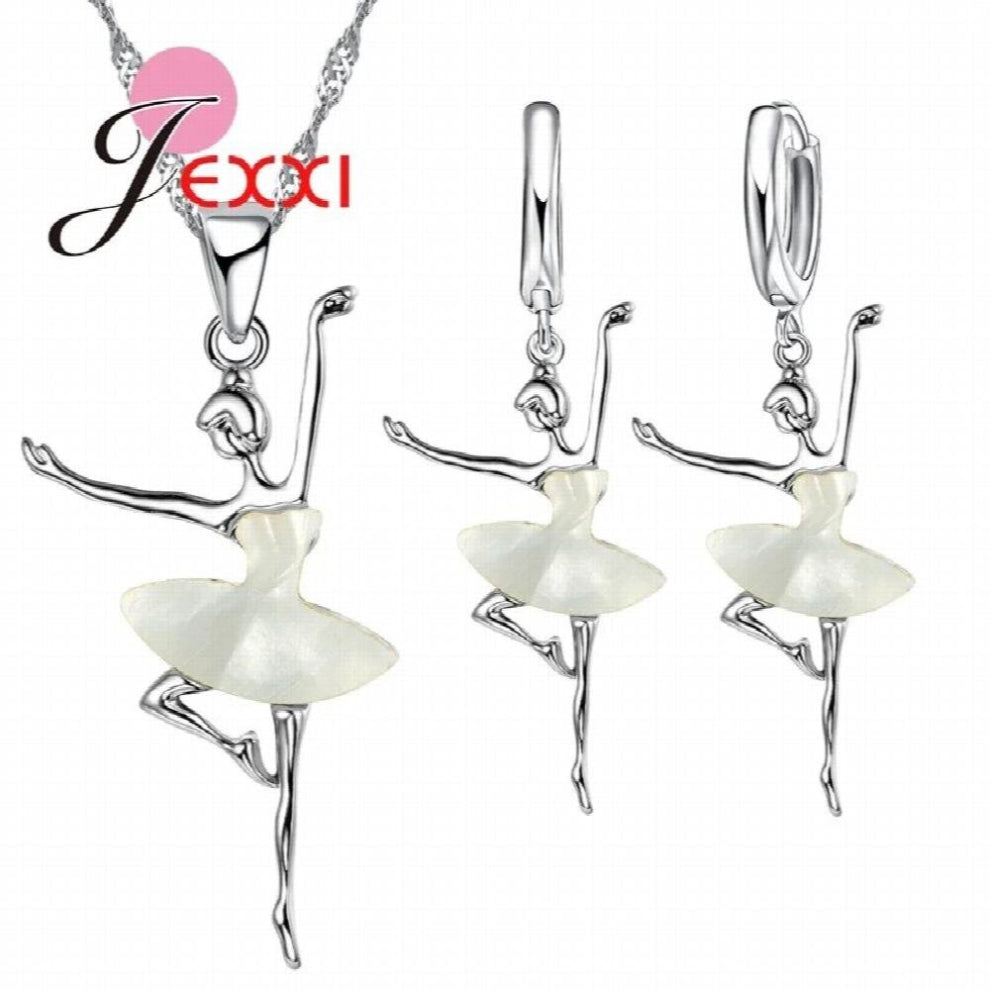 Solid 925 Sterling Silver Pendant Necklace-Earring Sets for Women Wedding Dancing Ballet Girls Jewelry Set