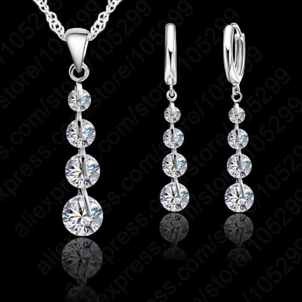 Romantic 925 Sterling Silver Link Chain Crystal Pendant Jewelry Set For Women Choker Wedding Jewelry Set