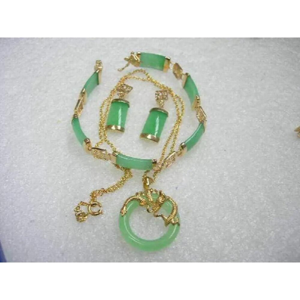 Natural Green Jade Pendant Necklace+Earrings+Bracelet Lucky Jewelry Sets