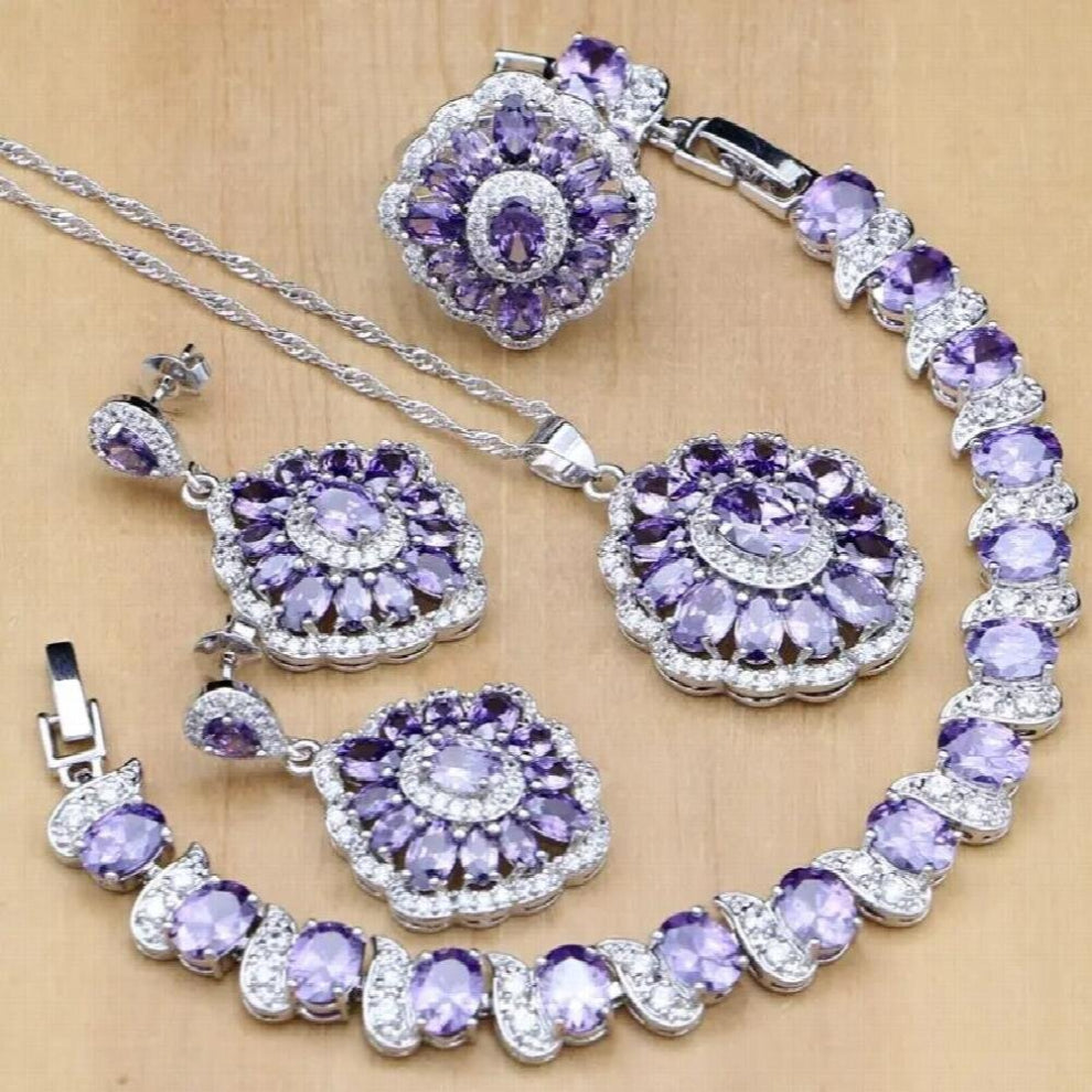 925 Silver Bridal Jewelry Purple CZ Zircon Jewelry Sets For Women Wedding Earrings-Pendant-Ring-Bracelet-Necklace