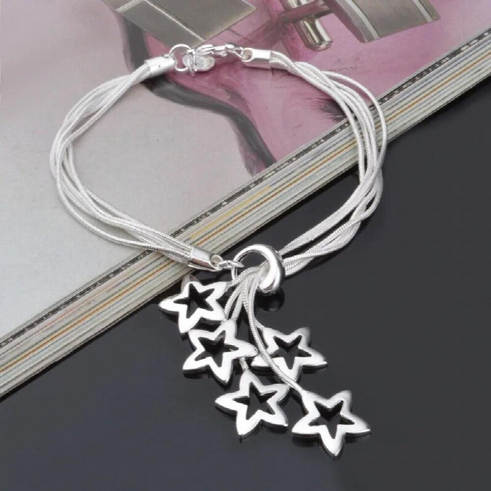 Personality Woman Gift Silver Hollow Star Chain 925 Sterling Silver Bracelet+Necklace Jewelry Set SE52