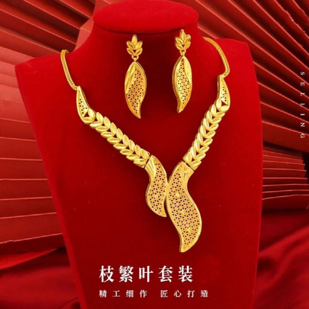 JS27 Fine Jewelry Bride Wedding Gift Leaves 24KT Necklace+Stud Earrings Jewelry Set
