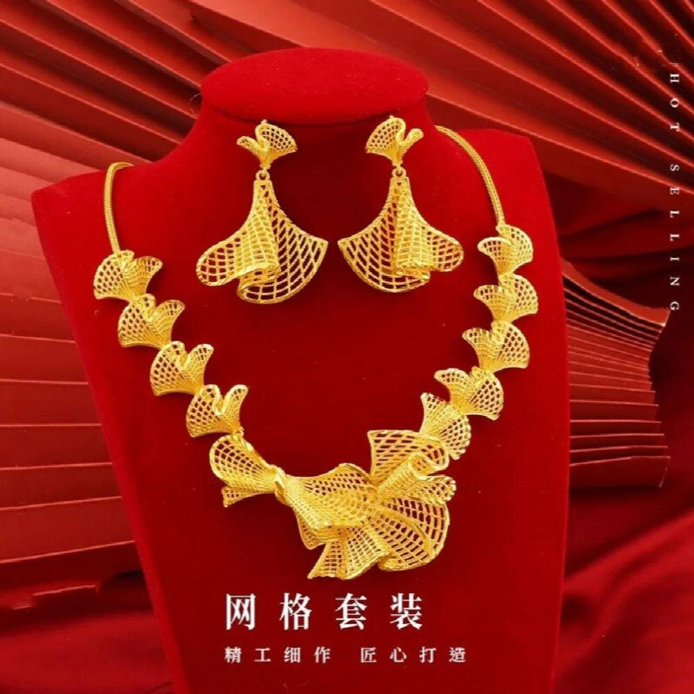 JS529 FineFashion Jewelry Woman Bride Wedding Gift Hollow Flower 24KT Necklace+Stud Earrings Jewelry Set