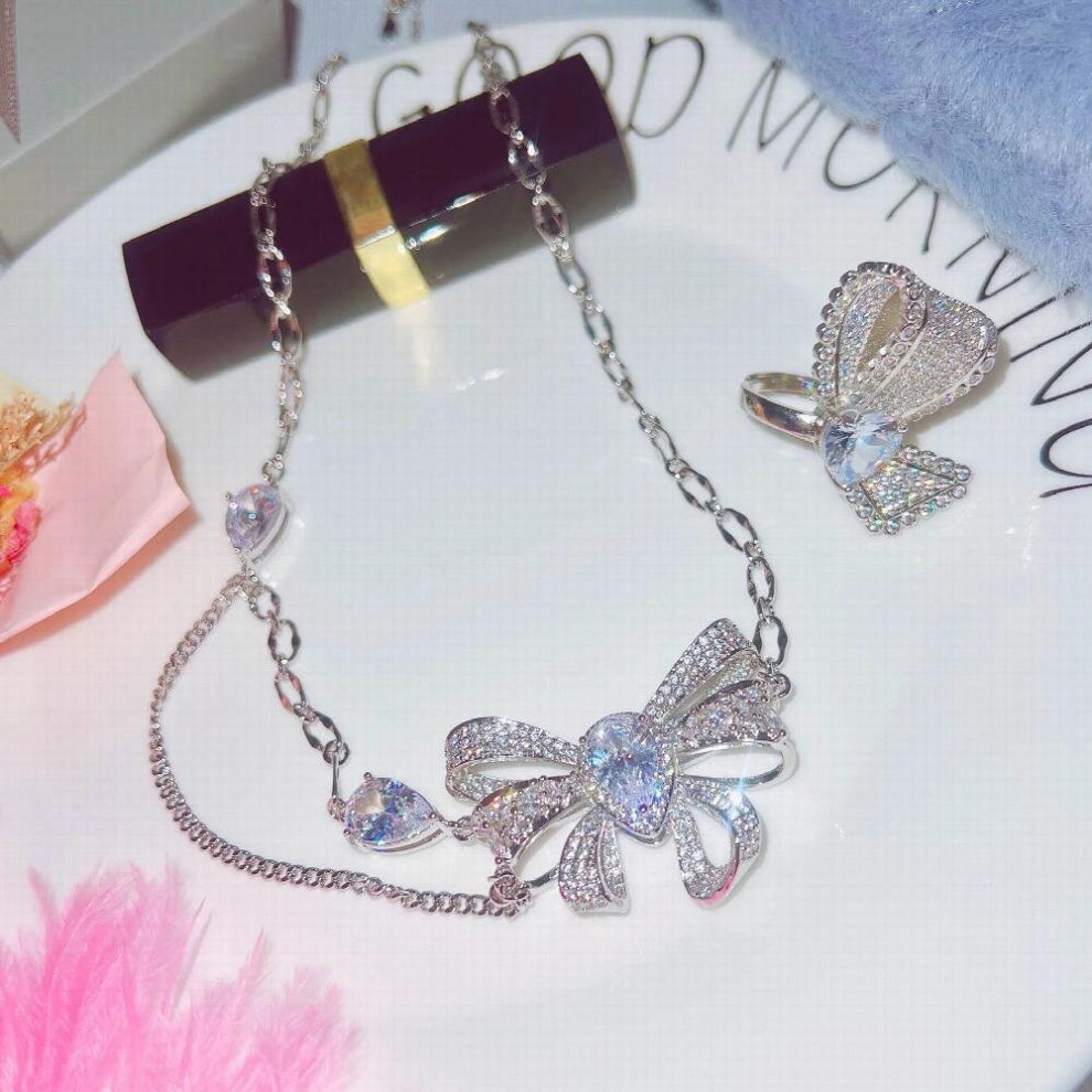 Water Drop CZ Women Wedding Set Ring-Necklace High Silver Bowknot Jewelry Sets Eternity Accessories