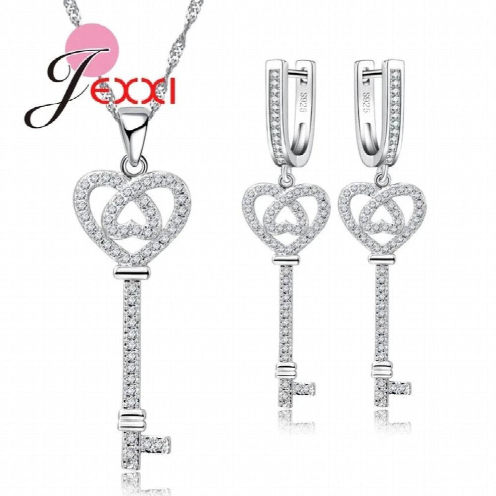 Key Silver Jewelry Set For Wedding Party Cocktail Gift For Women CZ Crystal Earrings-Necklace Chain