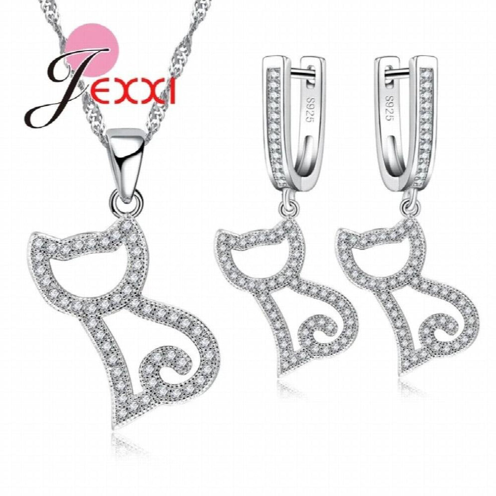 Occident Silver Jewelry Set For Women Cat Earrings-Pendant-Necklace Chain Sets Fine Jewelry