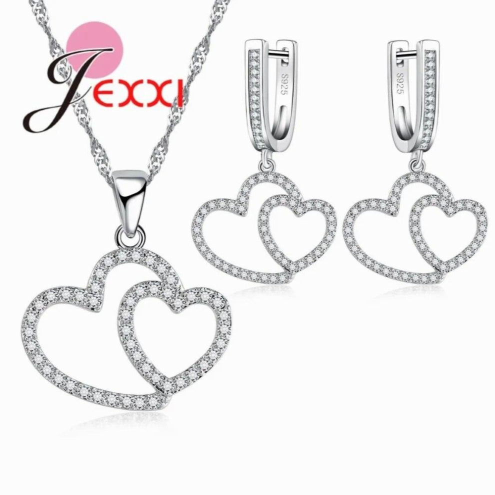 925 Sterling Silver Jewelry Set Women Wedding Jewelry Double Heart Earrings+Pendant+Necklace Jewelry Sets
