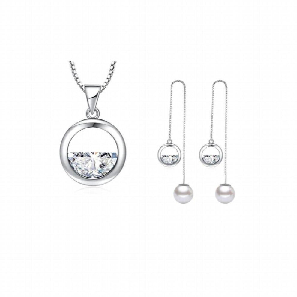 925 Sterling Silver Jewelry Sets Round Shaped Zirconia Water Drop Necklace+Earrings For Women Gift