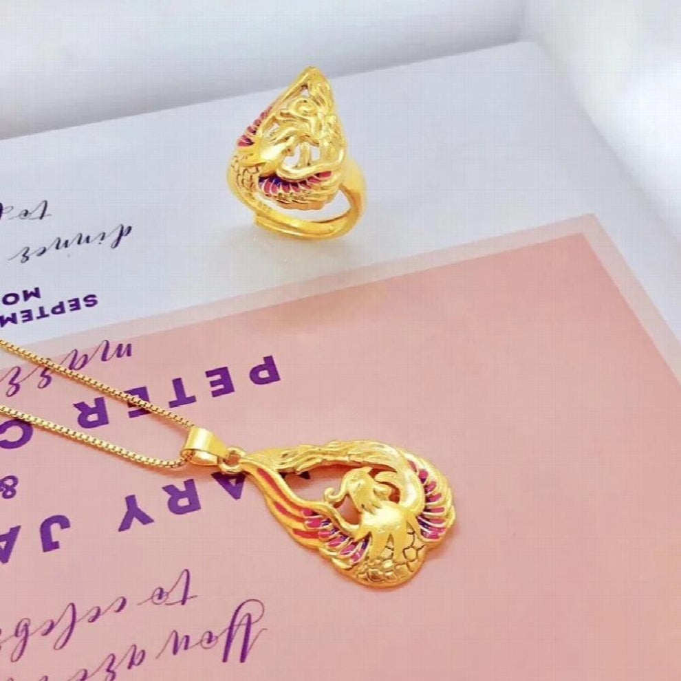 OMHXFC YM149 European Fine Woman Girl Party Birthday Wedding Gift Phoenix 24KT Necklace+Ring Jewelry Set