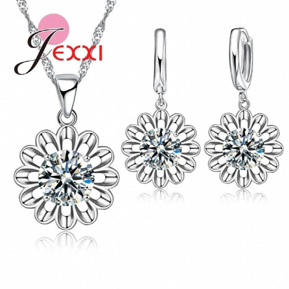 Sunflower Romantic 925 Sterling Silver Jewelry Sets For Women Bridal Wedding Earrings-Chain-Necklace-Pendant Set