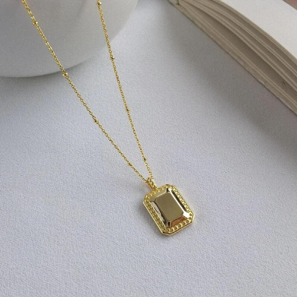 18K 100% 925 Sterling silver Rectangle Glossy Geometric Necklace Beads Chain Pendant jEWELRY TLX653