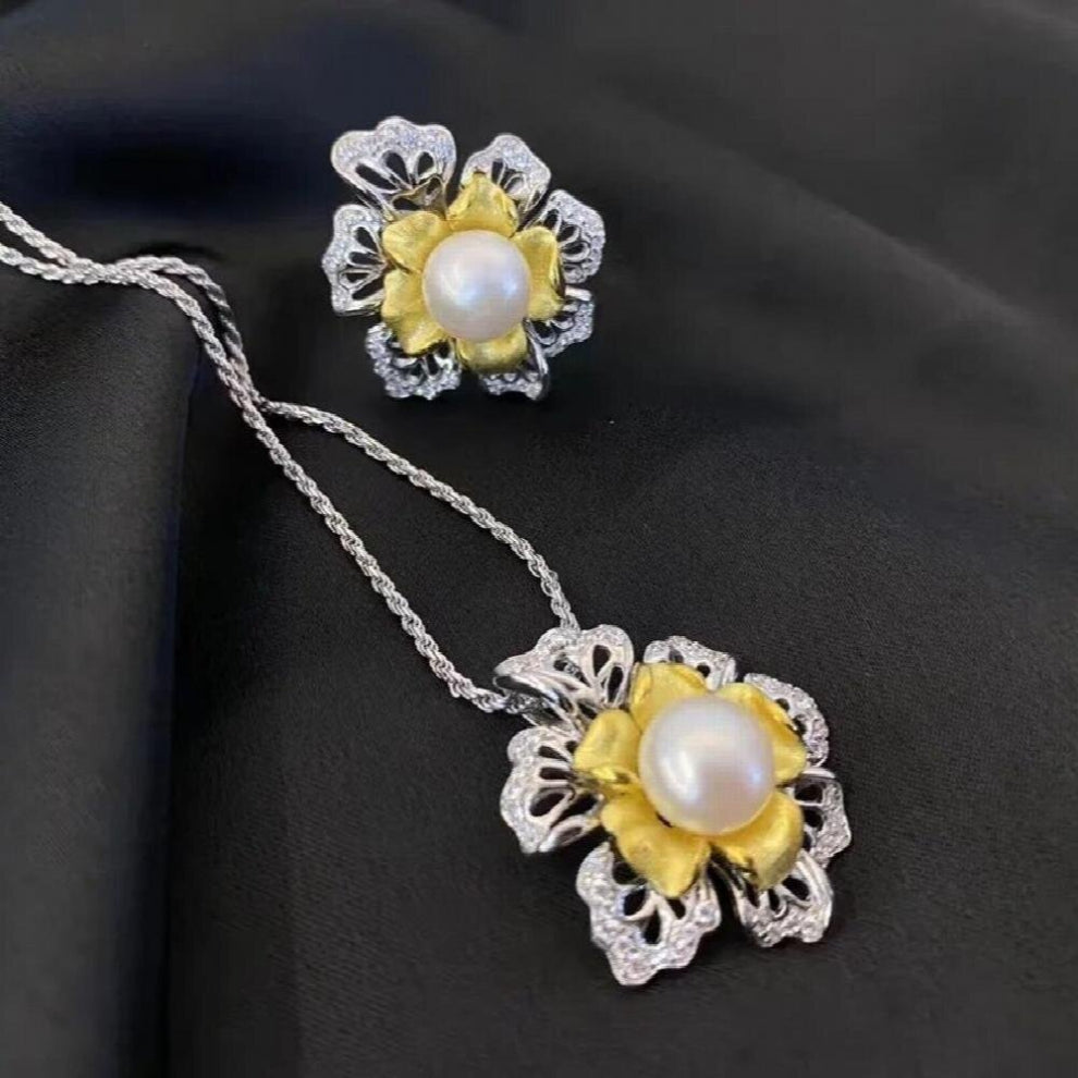 JE165 European Woman Girl Party Birthday Wedding Gift Flower 18KT Ring+Necklace Jewelry Set