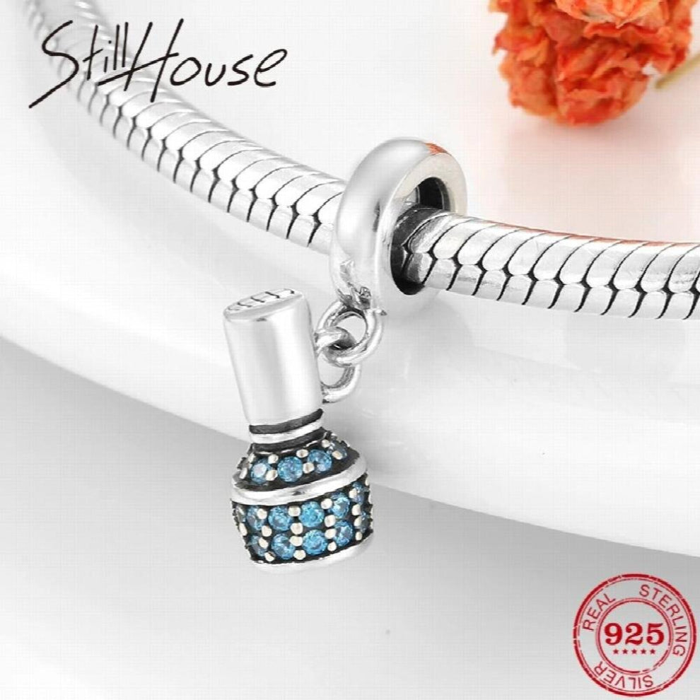 women Nail polish Sparkling CZ 925 Silver Pendants Beads fit European Charm Bracelet Jewelry making