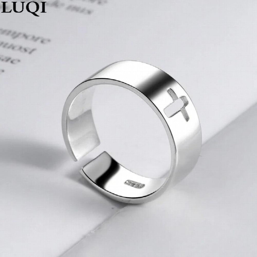 S925 Silver Plated Platinum Hollow Cross Glossy Womens Open Ring SH048