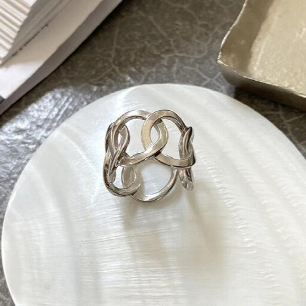 925 Sterling Silver Retro Ladder Hollow Knot Circle Opening Ring for Women Punk Fine Jewelry