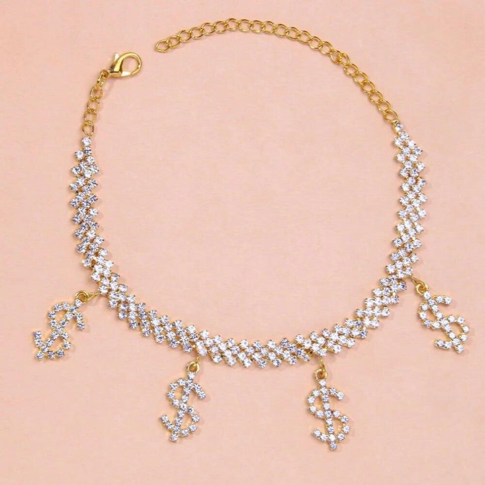 Stonefans Bling Rhinestone Novelty Pendant Dollar Sign Anklet for Women Summer Beach Barefoot Sandals Anklet Bracelet Leg Chain