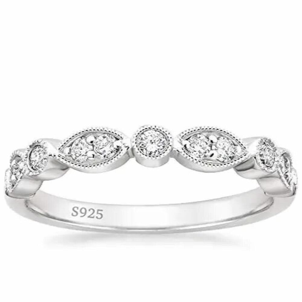 Tigrade 925 Sterling Silver Wedding Band for Women Cubic Zirconia Marquise & Round Milgrain Half Eternity Stackable Ring