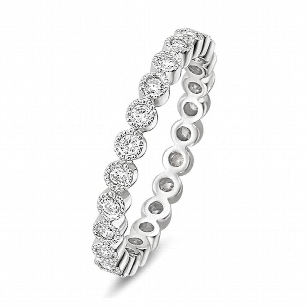 2mm 925 Sterling Silver Retro Bubble Beads Cubic Zirconia Half Eternity Stackable Engagement Ring Size 3-13