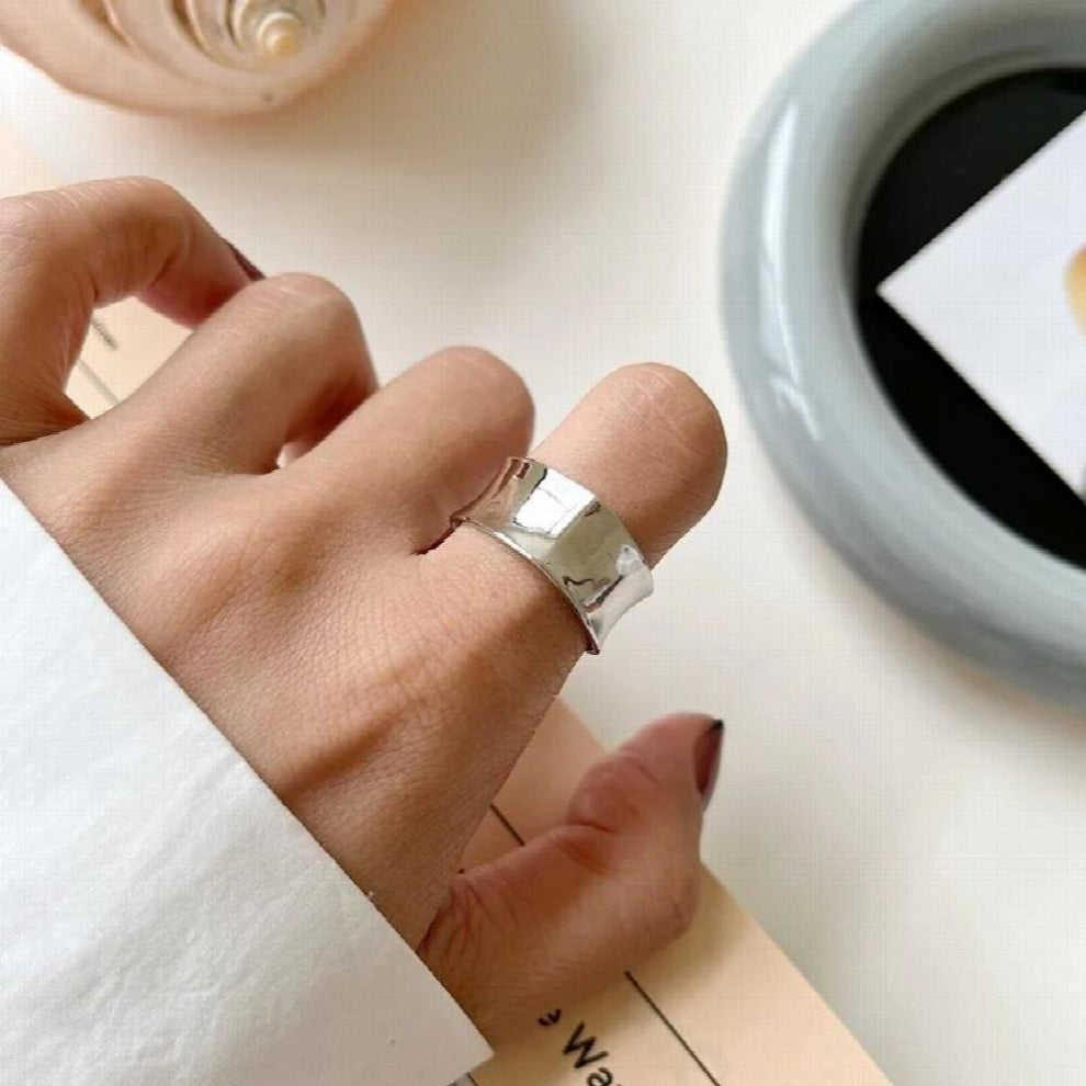 Real 925 Sterling Silver Glossy Concave Rings for Women Wide Version INS Style Minimalist Korea Rings Stylish Jewelry