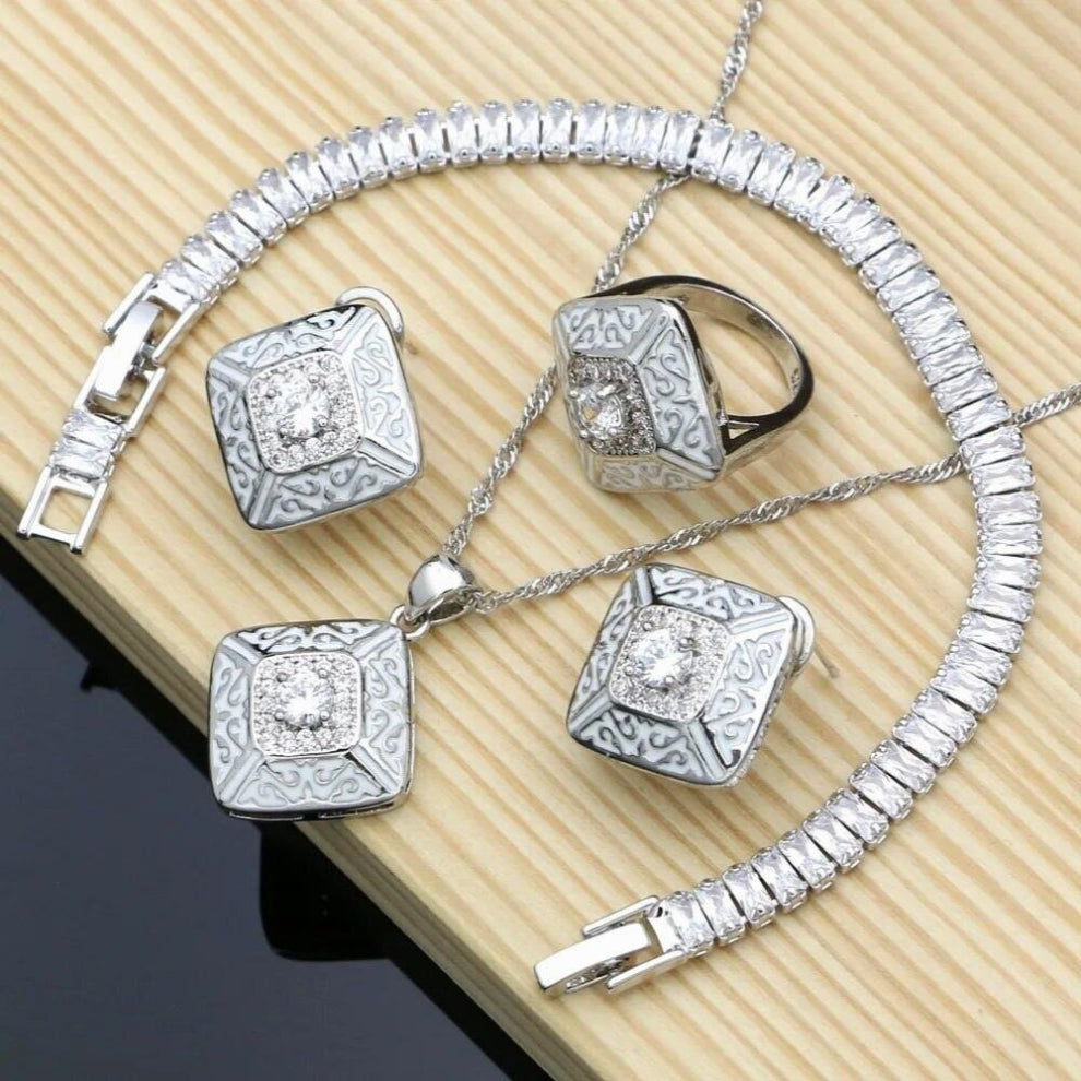 Rubber Paint Silver 925 Jewelry Cubic Zirconia Jewelry Sets For Women Party Earrings-Pendant-Rings-Bracelet-Necklace Set