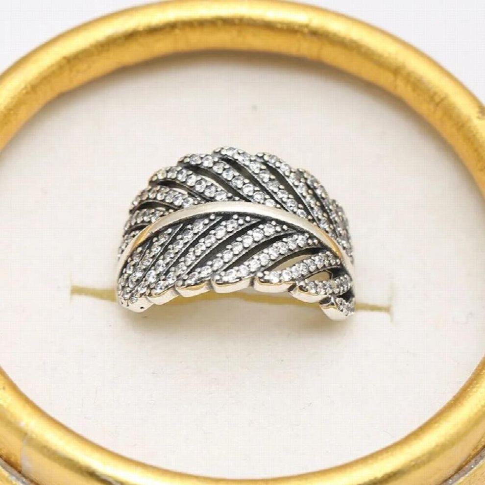 925 Sterling Silver Plantain Leaves Shape, Clear CZ Ring Compatible with European Jewelry