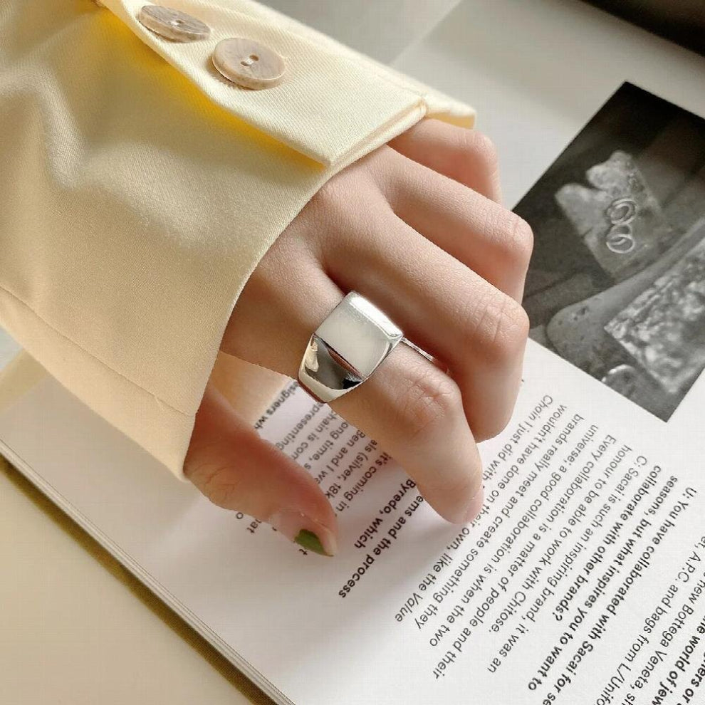 925 Sterling Silver French Glossy Square Ring for Women Men Minimalist Thick Wide Rings Office Commute Jewelry