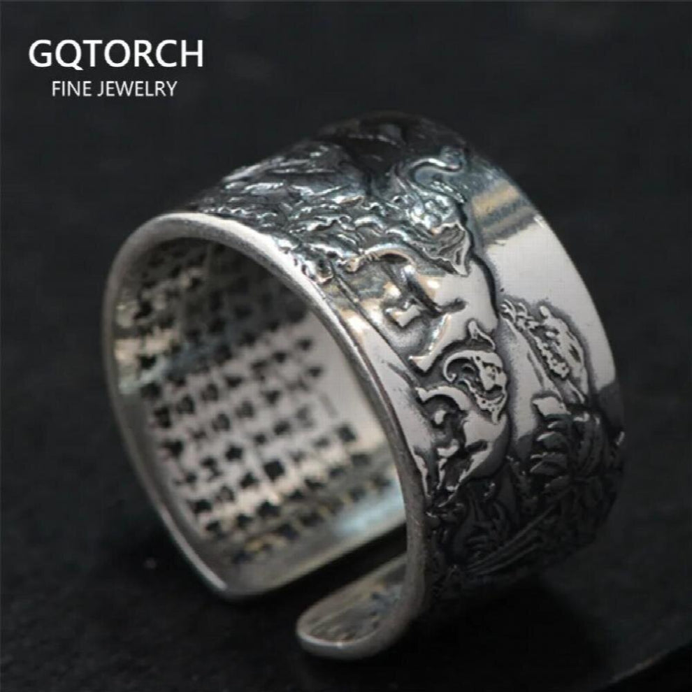 Real 990 Pure Silver Mens Biker Rings With Elephant Engraved Vintage Punk Style Heart Sutra Engraved Buddhism Animal Jewelry