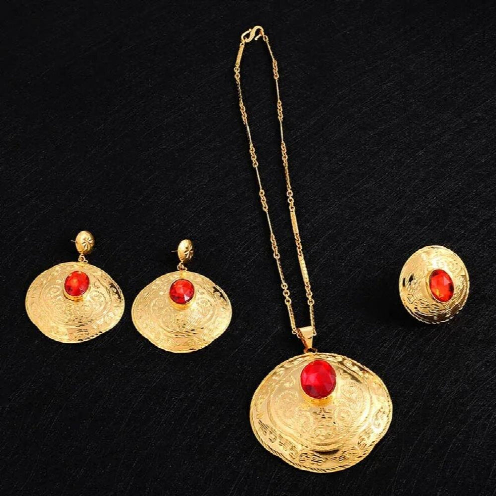 2 colors 3Pcs Necklace-Earrings-Ring red Crystal Ethnic Jewelry Africa-the Middle East-Ethiopia Wedding