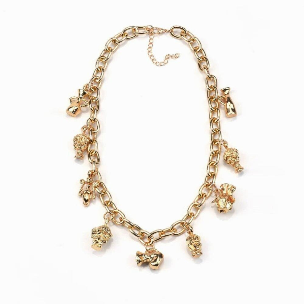 ZA Golden Metal Chains Link Choker Necklace Women Indian Vintage Punk Statement Necklace With Face Vase Charm Pendants