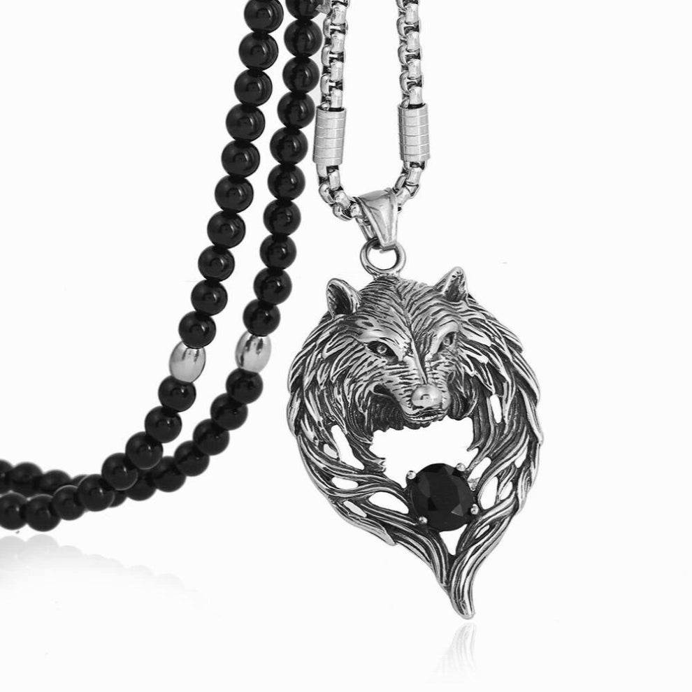 Natural Stone Bead Necklace Mens Titanium Steel Tribal Wolf Biker Pendant Necklace for Men Jewelry
