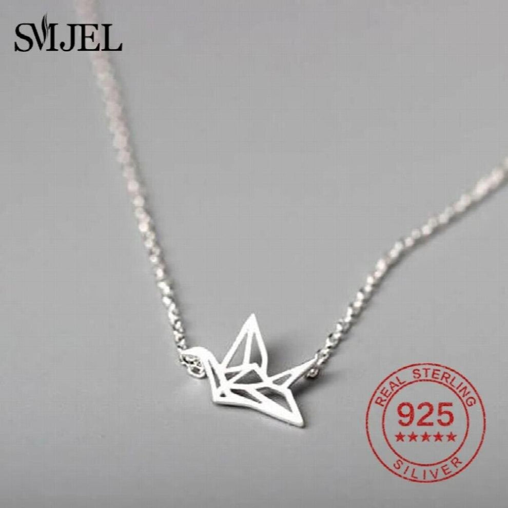 Real Silver 925 Origami Crane Necklace Chain Sterling Silver Geometric Bird Pendants&Necklaces Jewelry