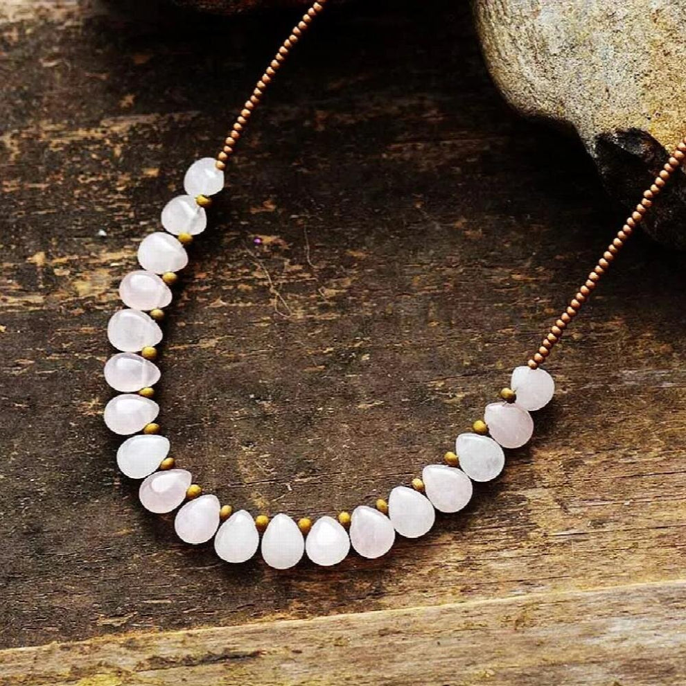 Unique Natural Stones Rose Quartzs Chokers Necklaces Women Teardrop Charm Beaded Necklace OL Jewelry