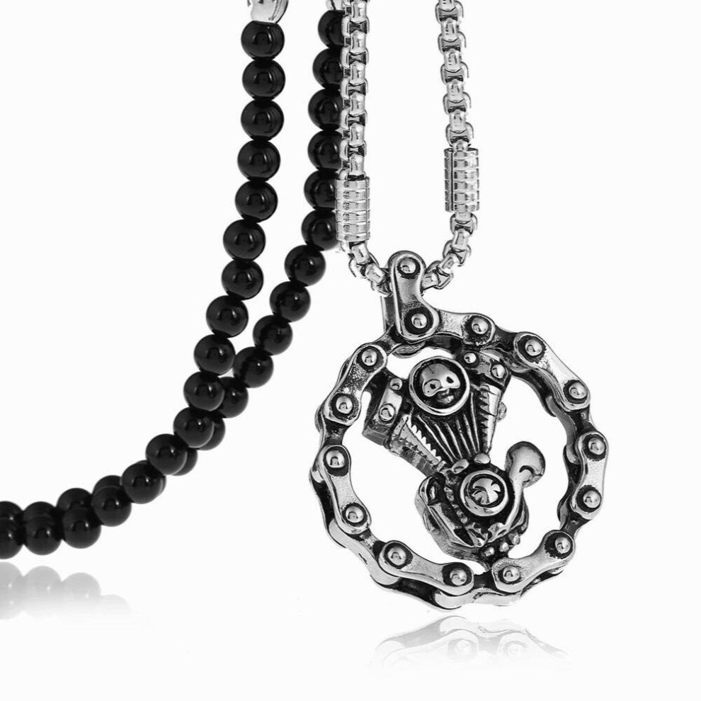 Skull Engine Motorcycle Lost Soul Chain Biker Pendant Necklace with Natural Stone Beaded Necklace 27inches