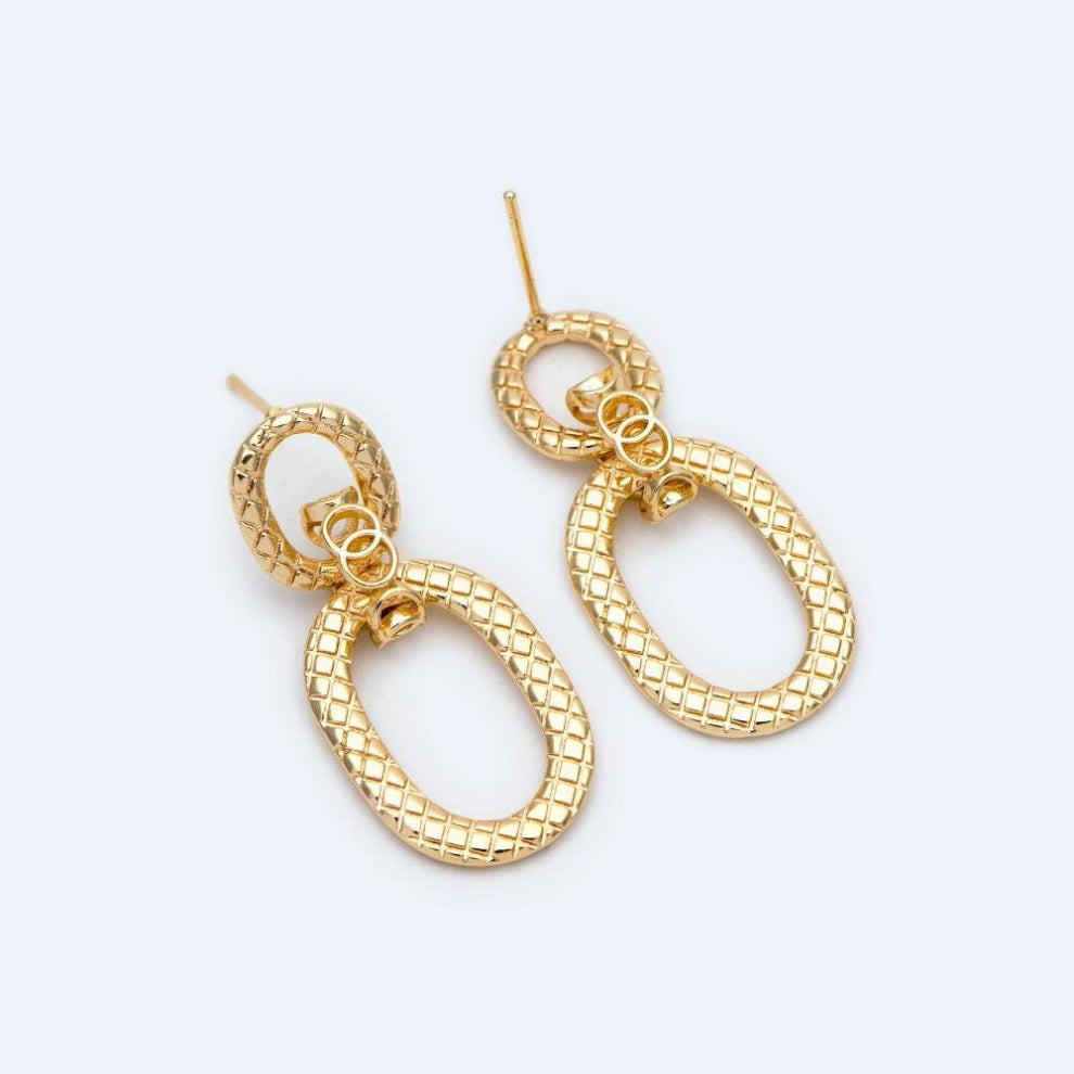 4pcs Long Oval Textured Ear Posts, 18K Plated Brass, Modern Thick Hoops Earrings (GB-2009)