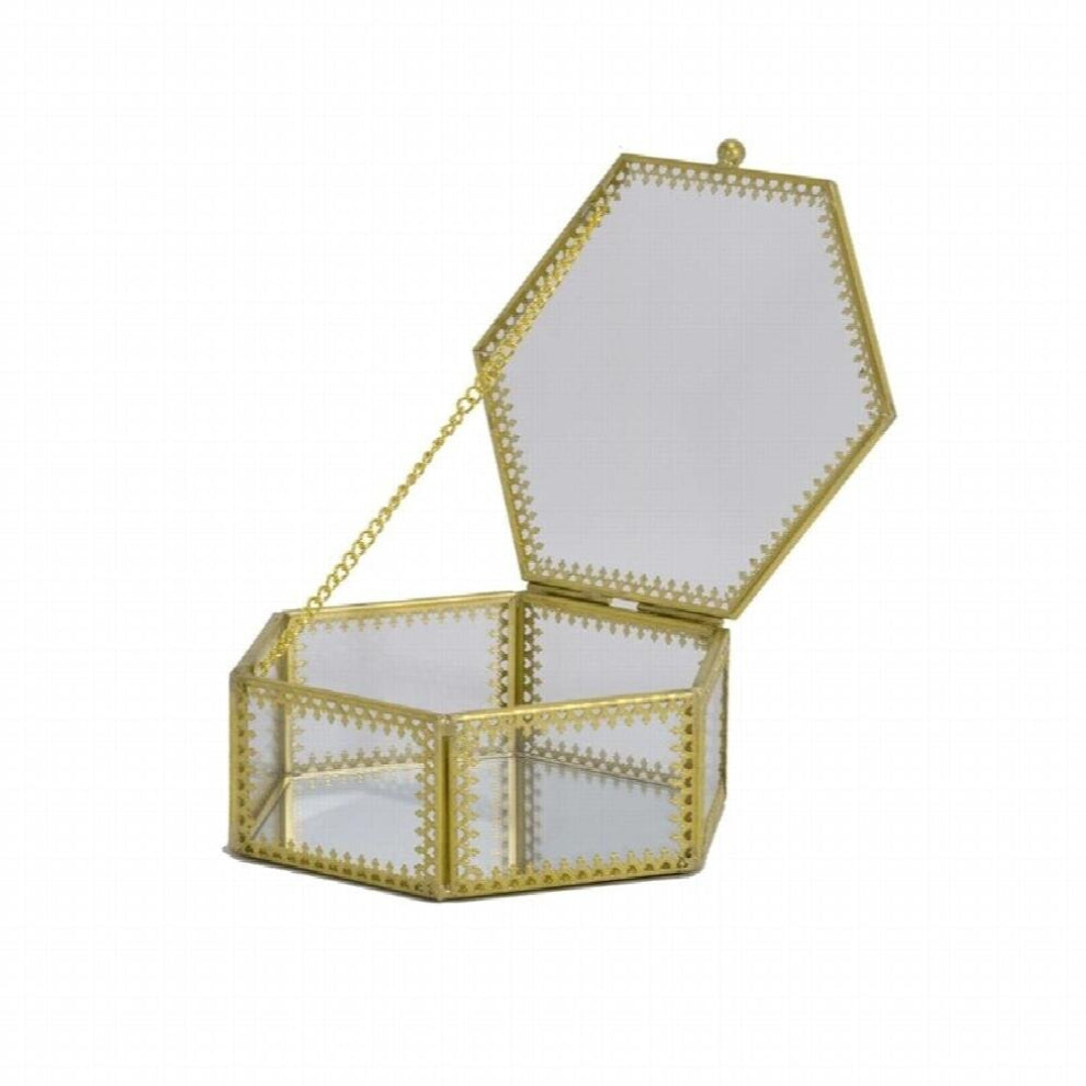 F19D Hexagon Brass Glass Ring Trinket Box Mirror Wedding Ring Box Geometric Clear Glass Jewelry Box Tabletop Organizer
