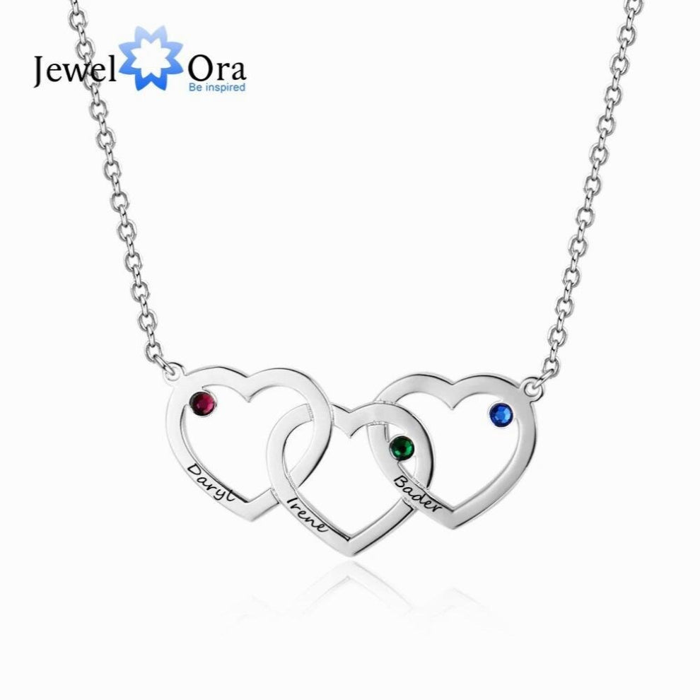 Personalized Intertwined Hearts Necklace with 3 Birthstones Name Engraved Pendant Jewelry (JewelOra NE102402)