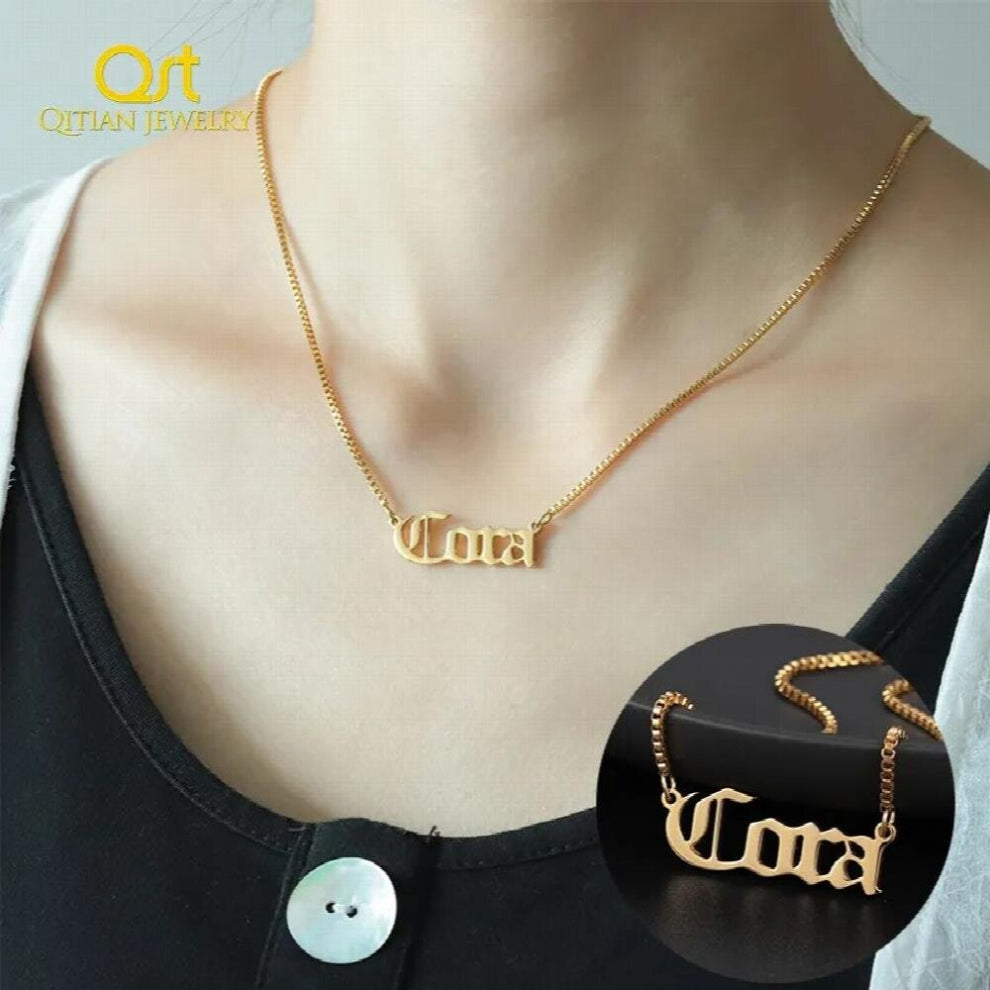 Old English Nameplate Necklace&Pendant Personalize letter Choker Stainless Steel Necklace For Women JewelryGift Box Chain
