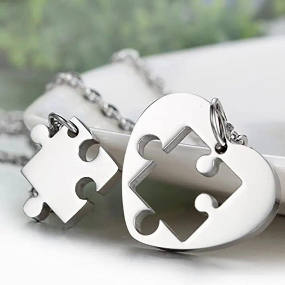 2 pcs- Set Heart Puzzle Pendants for Women Men Never Fade Stainless Steel Couple Necklaces Anniversary Gift