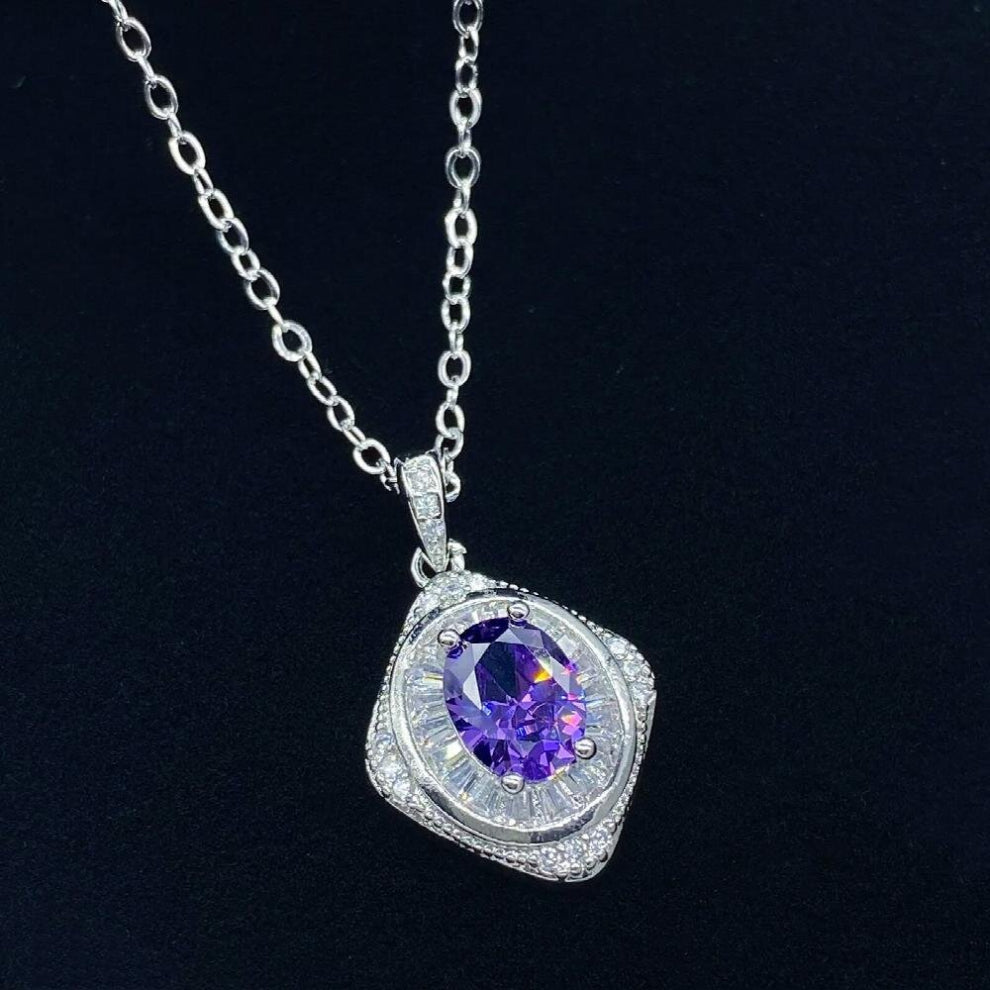 Sparkling Purple Zircon Pendant Necklace S925 Silver Sweater Necklaces Chain Chokers Fine Jewelry