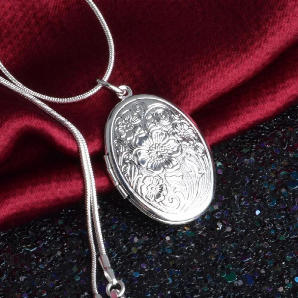 Jewelry 925 SterlingSilver Egg-Shaped Photo Frame Pendant 1mm Snake Chain Necklace Men & Women Charm Jewelry