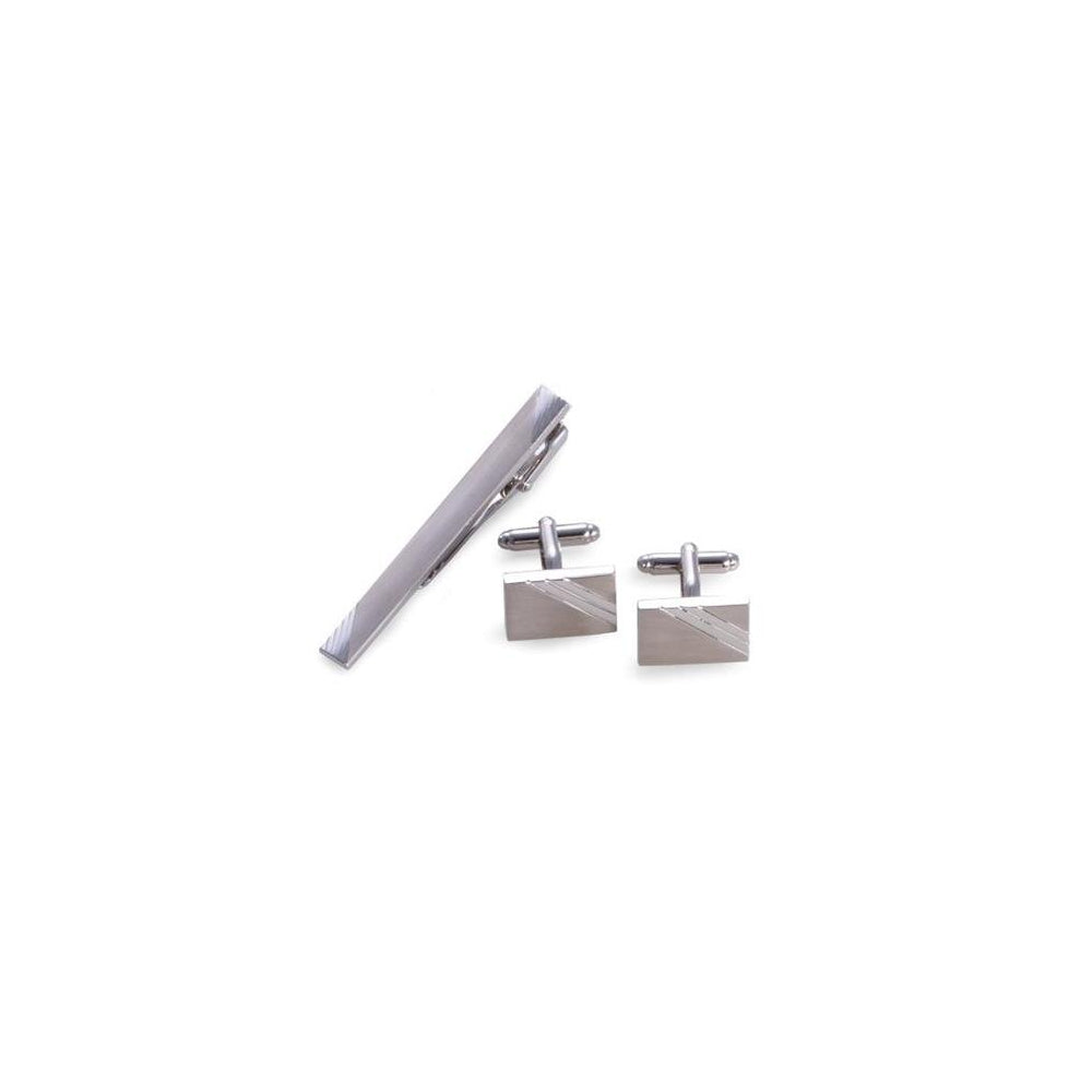 Rhodium Plated Satin Finish & Striped Design Cufflinks & Tie Pin Set - Silver