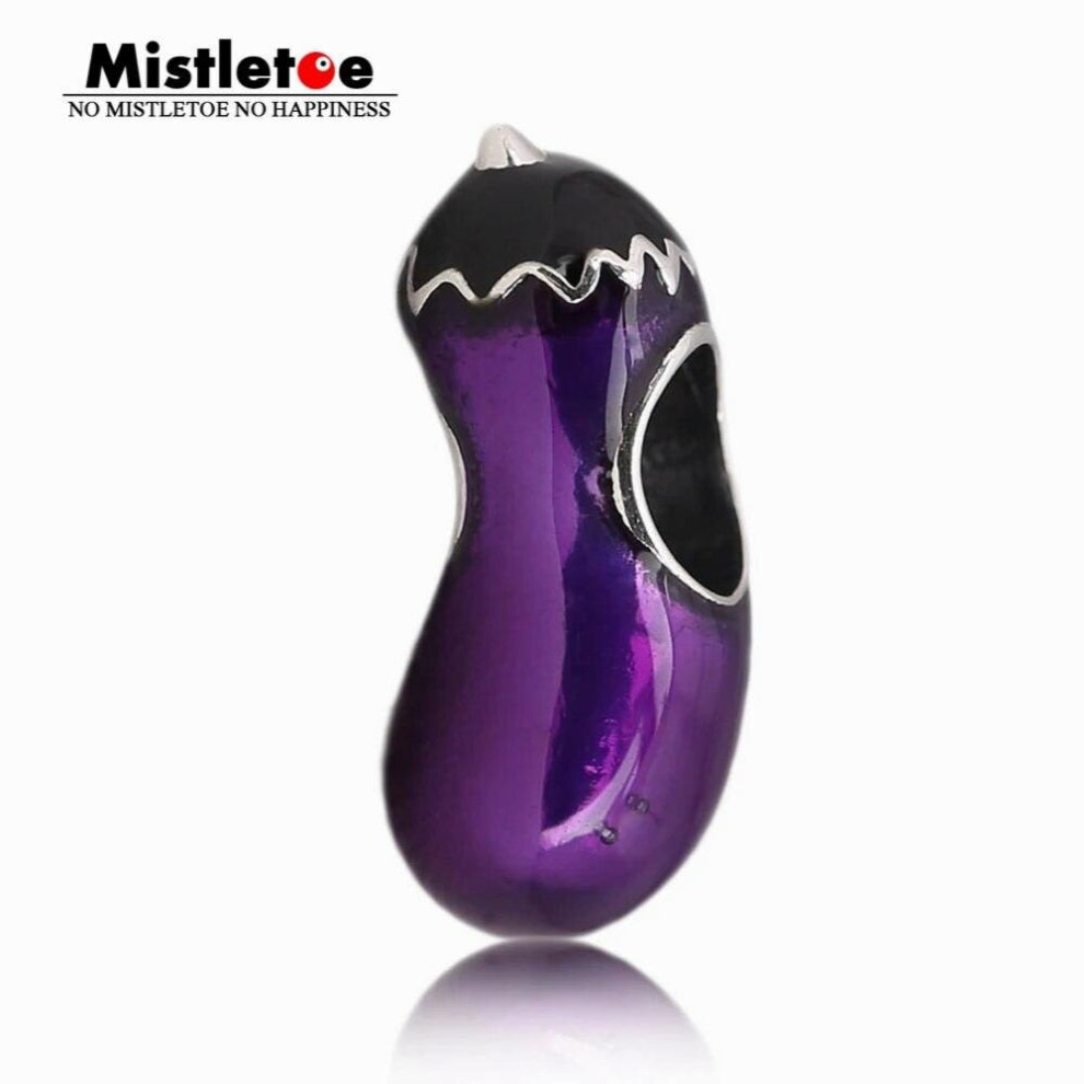 925 Sterling Silver Purple Enamel Eggplant Charms Bead Fit Bracelets Jewelry