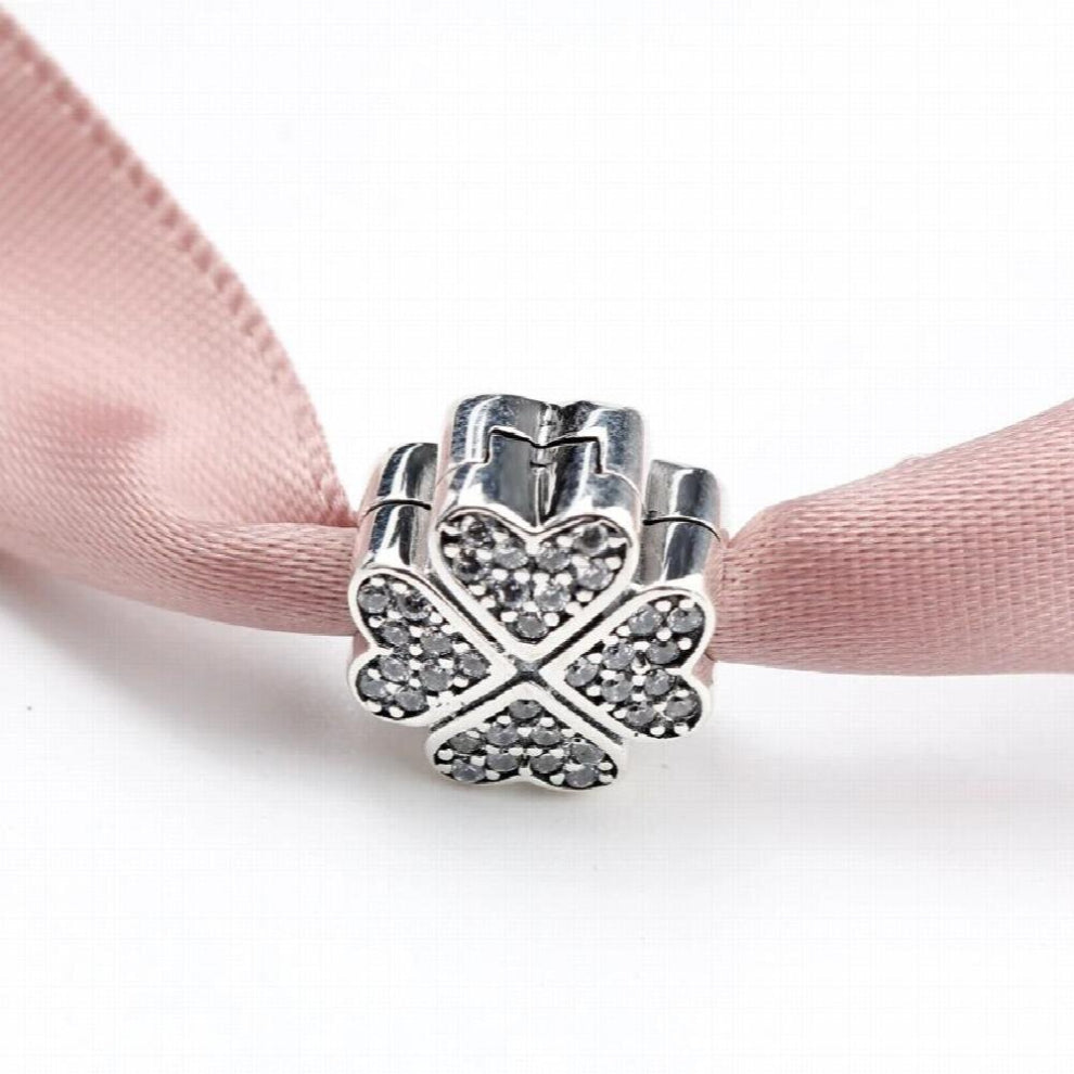 925 Sterling Silver Petals of Love Clear CZ Heart Clover Clip Charm Beads for DIY Bracelets- Necklace Jewelry for